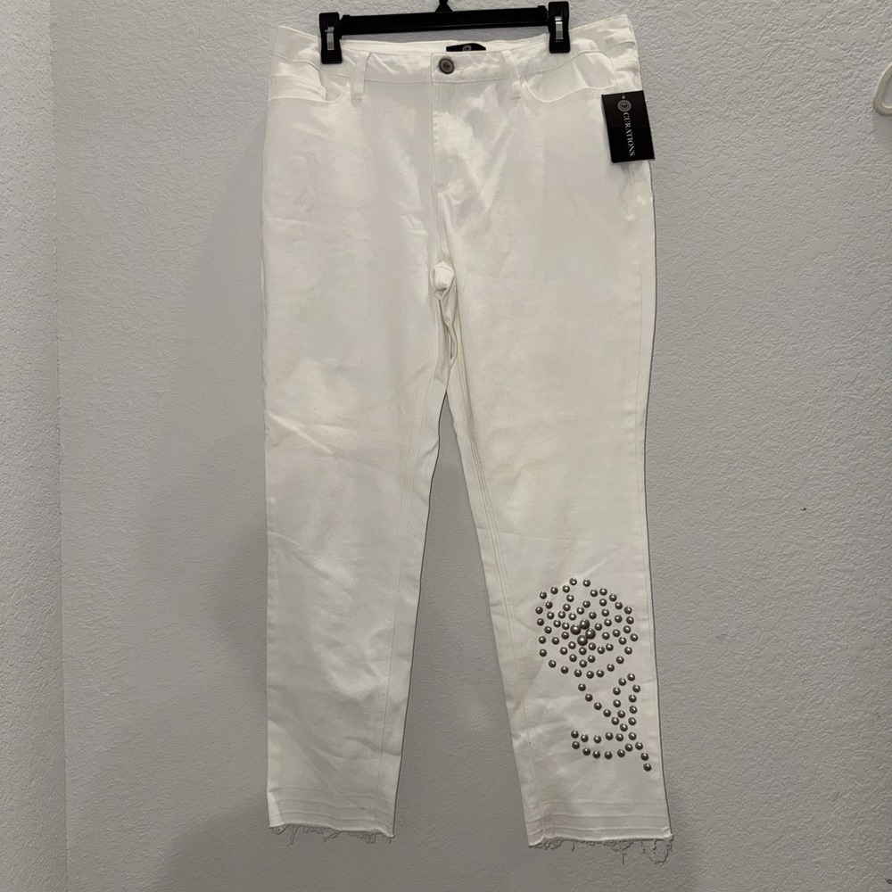 Curations Womens Sz 16 White Jeans Skinny Boyfriend Cut Off Ankle Studded Floral